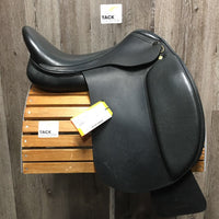 18 XW *Measures Narrow *4" Santa Cruz Geneve Dressage Saddle, 2 Billet Guards, Fleece Lined Tapestry Zebra Cover, Synthetic Wool Flocking, Lg Front Blocks, Flaps: 15.5"L x 13"W Serial #: 42945