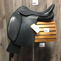 18 XW *Measures Narrow *4" Santa Cruz Geneve Dressage Saddle, 2 Billet Guards, Fleece Lined Tapestry Zebra Cover, Synthetic Wool Flocking, Lg Front Blocks, Flaps: 15.5"L x 13"W Serial #: 42945