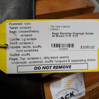 17 M *4.75 Regal Monoflap Dressage Saddle, Lg Exterior Front Blocks, Wool Flocking, Rear Gusset Panels, Flaps: 16"L x 12.5"W