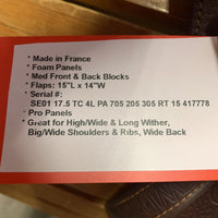 17.5 MW *5.25 CWD SE01 Close Contact, CWD 56" Stirrup Leathers, Sprenger Bow Flex Stirrup Irons, 2 Billet Guards, Red Fleece lined CWD Cover, Med Front & Back Blocks, Foam Panels, Flaps: 15" L x 14" W Serial #: SE01 17.5 TC 4L PA 705 205 305 RT 15 417778