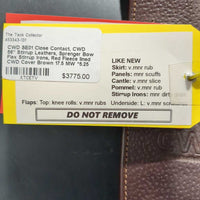 17.5 MW *5.25 CWD SE01 Close Contact, CWD 56" Stirrup Leathers, Sprenger Bow Flex Stirrup Irons, 2 Billet Guards, Red Fleece lined CWD Cover, Med Front & Back Blocks, Foam Panels, Flaps: 15" L x 14" W Serial #: SE01 17.5 TC 4L PA 705 205 305 RT 15 417778