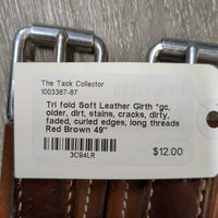 Tri fold Soft Leather Girth *gc, older, dirt, stains, cracks, dirty, faded, curled edges, long threads
