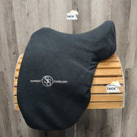 17.5 XW *MW (Wither *5.25") Sankey Dressage Saddle, Black Fleece Sankey Cover, XLg Velcro Front Blocks, Wool Flocking, Front & Rear Gusset Panels, Flaps: 16"L x 12.5"W Serial #: 0406714 17 1/2 XW