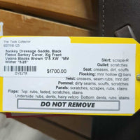 17.5 XW *MW (Wither *5.25") Sankey Dressage Saddle, Black Fleece Sankey Cover, XLg Velcro Front Blocks, Wool Flocking, Front & Rear Gusset Panels, Flaps: 16"L x 12.5"W Serial #: 0406714 17 1/2 XW