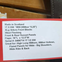 17.5 XW *MW (Wither *5.25") Sankey Dressage Saddle, Black Fleece Sankey Cover, XLg Velcro Front Blocks, Wool Flocking, Front & Rear Gusset Panels, Flaps: 16"L x 12.5"W Serial #: 0406714 17 1/2 XW