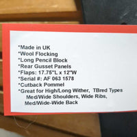 17.5 M *MW - 5.25" Exselle Dressage Saddle, Black Fleece Exselle Cover, Wool Flocking, Long Pencil Block, Rear Gusset Panels, Flaps: 17.75"L x 12"W Serial #: AF 063 1578