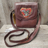 "Sacred Baggage" Leather Purse, Cross Body shoulder strap, "Music is Life" Hvy Pin *gc, mnr scraped edges, stains, scratches, clean