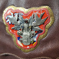 "Sacred Baggage" Leather Purse, Cross Body shoulder strap, "Music is Life" Hvy Pin *gc, mnr scraped edges, stains, scratches, clean