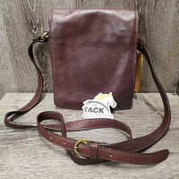 "Sacred Baggage" Leather Purse, Cross Body shoulder strap, "Music is Life" Hvy Pin *gc, mnr scraped edges, stains, scratches, clean