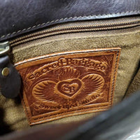 "Sacred Baggage" Leather Purse, Cross Body shoulder strap, "Music is Life" Hvy Pin *gc, mnr scraped edges, stains, scratches, clean