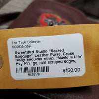 "Sacred Baggage" Leather Purse, Cross Body shoulder strap, "Music is Life" Hvy Pin *gc, mnr scraped edges, stains, scratches, clean