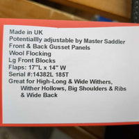 18.5" MW *5.5 Loxley Bliss Dressage Saddle, Grey Cotton Loxley Cover, Front & Back Gusset Panels, Wool Flocking, Lg Front Blocks, Flaps: 17"L x 14" W Serial #:14382L 185T