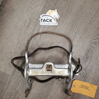 SS Combination High Port Curb Bit, center copper roller, rope nose, chin strap *fair/gc, clean, stains, residue, scratches, stiff, no strap keepers