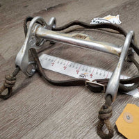 SS Combination High Port Curb Bit, center copper roller, rope nose, chin strap *fair/gc, clean, stains, residue, scratches, stiff, no strap keepers