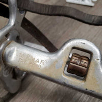SS Combination High Port Curb Bit, center copper roller, rope nose, chin strap *fair/gc, clean, stains, residue, scratches, stiff, no strap keepers
