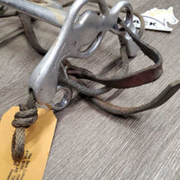 SS Combination High Port Curb Bit, center copper roller, rope nose, chin strap *fair/gc, clean, stains, residue, scratches, stiff, no strap keepers