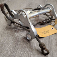 SS Combination High Port Curb Bit, center copper roller, rope nose, chin strap *fair/gc, clean, stains, residue, scratches, stiff, no strap keepers