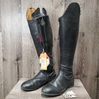 Pr Dressage Boots, zips, black roll plastic forms, widened *gc/fair, SPLIT Left Zipper, residue, scuffs, threads, stretched elastic