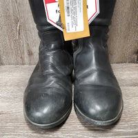 Pr Dressage Boots, zips, black roll plastic forms, widened *gc/fair, SPLIT Left Zipper, residue, scuffs, threads, stretched elastic
