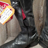 Pr Dressage Boots, zips, black roll plastic forms, widened *gc/fair, SPLIT Left Zipper, residue, scuffs, threads, stretched elastic