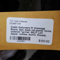 Pr Dressage Boots, zips, black roll plastic forms, widened *gc/fair, SPLIT Left Zipper, residue, scuffs, threads, stretched elastic