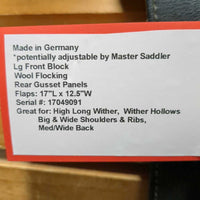 17" MW *5" Passier Corona Dressage Saddle, Pommel Strap, Grey/Brown Cover, Lg Front Block, Wool Flocking, Rear Gusset Panels, Flaps: 17"L x 12.5"W Serial #: 17049091