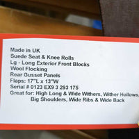 17.5" M *5" Exselle Evolution Dressage Saddle, Suede Seat & Knee Rolls, Lg - Long Exterior Front Blocks, Wool Flocking, Rear Gusset Panels, Flaps: 17"L x 13"W Serial # 0123 EX9 3 293 175