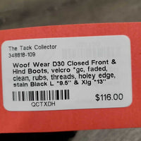 Closed Front & Hind Boots, velcro *gc, faded, clean, rubs, threads, holey edge, stain