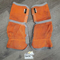 2 Hvy Mesh Fly Boots, velcro *gc, repairs, snags, stains, clean, binding: curled & rubs