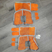 2 Hvy Mesh Fly Boots, velcro *gc, repairs, snags, stains, clean, binding: curled & rubs