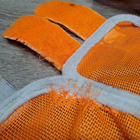 2 Hvy Mesh Fly Boots, velcro *gc, repairs, snags, stains, clean, binding: curled & rubs