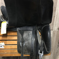 18.5" Med *5" Equitation Saddle, 2 Stirrup Irons & Leathers, 2 Lg Front Velcro Blocks, Black Cover, Wool Flocking, Made in Portugal