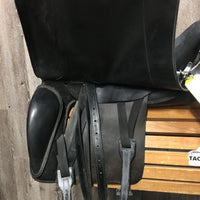 18.5" Med *5" Equitation Saddle, 2 Stirrup Irons & Leathers, 2 Lg Front Velcro Blocks, Black Cover, Wool Flocking, Made in Portugal