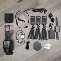 Tracking Phone Camera System: Tracker, 3 Beacons, Watch, Headset/speaker, Tripod, Bag, 2x Chargers & 3 Cords *Works, Charges, No Manual, missing 2 USB Cords