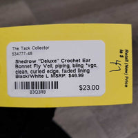 "Deluxe" Crochet Ear Bonnet Fly Veil, piping, bling *vgc, clean, curled edge, faded lining