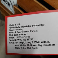 17.5" *MW 5.25" Albion Close Contact Saddle, 2 Billet Guards, Albion Red Fleece Cover, Wool Flocking, Front & Rear Gusset Panels, Med Back Blocks, Flaps: 13.5"L x 13"W Serial #: W 17 1/2 95760