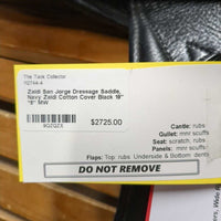 19" *5" MW Zaldi San Jorge Plana Dressage Saddle, Navy Zaldi Cotton Cover, Wool Flocking, Lg Exterior Front Blocks, Rear Gusset Panels, Flaps: 18"L x 11"W, Serial #: 922596 19" 32