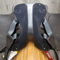 18" *Adjustable Encore EQ Dressage Saddle, Blue EQ Cover, 2 Saddle Pads (Black, White), 4 Discs (2 thin/front, 2 wide/back), 2 Flaps, tools, Serial #: 8503