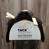 18" *Adjustable Encore EQ Dressage Saddle, Blue EQ Cover, 2 Saddle Pads (Black, White), 4 Discs (2 thin/front, 2 wide/back), 2 Flaps, tools, Serial #: 8503