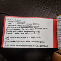 18" *Adjustable Encore EQ Dressage Saddle, Blue EQ Cover, 2 Saddle Pads (Black, White), 4 Discs (2 thin/front, 2 wide/back), 2 Flaps, tools, Serial #: 8503