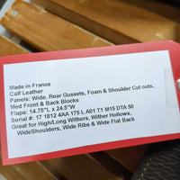 17.5" MW 5.25" Antares Contact - Close Contact Saddle, 2 Billet Guards, Panels: Wide, Rear Gussets, Foam & Shoulder Cut outs, Med Front & Back Blocks, Flaps: 14.75"L x 14.5"W Serial #: 17 1812 4AA 175 L A01 T1 M15 DTA 50