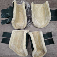 SET: Closed Front & Hind Fleece Lined Boots, velcro, bag *gc, clean, mnr dirt?residue, stains, clumpy, rubs