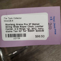 27 Mohair String Wide Roper Cinch, Leather Center, 2 D Rings *gc, dirty, hairy, stains