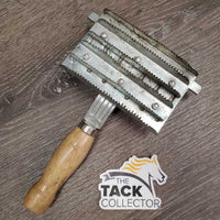 6 Blade Square Metal Curry - Shedding Blade, Comb, Wood Handle *gc, dirt, hair, dents, rubs, rust?