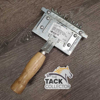 6 Blade Square Metal Curry - Shedding Blade, Comb, Wood Handle *gc, dirt, hair, dents, rubs, rust?