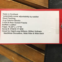 17" *MW/W 5.5" Sankey Jacinda Monoflap Dressage Saddle, Black Sankey Cover, Wool Flocking, XLg Exterior Blocks, Front & Rear Gusset Panels, Buffalo Leather, Flaps: 16.25"L x 11"W Serial #: 074416 17 M/W