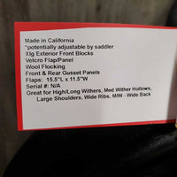 17.5" *XW 6.25" Dresch Monoflap Dressage Saddle, Xlg Exterior Front Blocks, Velcro Flap/Panel, Wool Flocking, Front & Rear Gusset Panels, Flaps: 15.5"L x 11.5"W Serial #: N/A