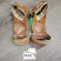 Pr Leather Skid Boots, velcro *gc, clean, stains, v.rubbed, scrapes, inside sand piles, torn edge