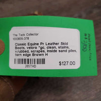 Pr Leather Skid Boots, velcro *gc, clean, stains, v.rubbed, scrapes, inside sand piles, torn edge