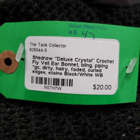 "Deluxe Crystal" Crochet Fly Veil Ear Bonnet, bling, piping *gc, dirty, hairy, faded, curled edges, stains